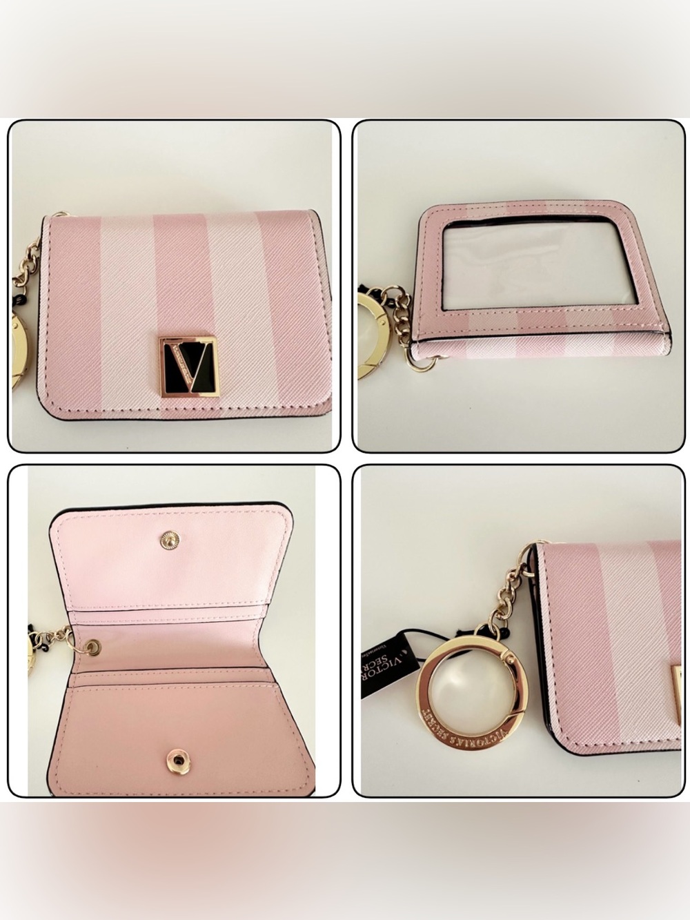 New! Victoria’s Secret Pink Stripe Card Case Holder Wallet Keychain